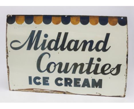 A Midland Counties ice cream enamel advertising sign, blue letters on a white ground below a blue and yellow frieze, height 6