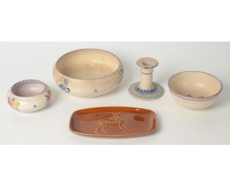 Four pieces of Poole Carter Stabler Adams pottery and a Poole rare zebra dish.