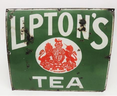 A Lipton's Tea enamel advertising sign, white on a green ground, with central red Royal crest, height 68cm, width 82cm.