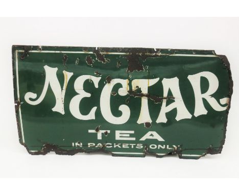 A Nectar tea enamel sign, white letters on a green ground, 'In Packets Only', height 61cm, width 116cm.  Condition report: Ru