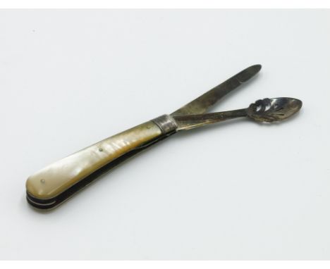 An Edwardian patent orange peeler with folding blades and mother of pearl handle, Sheffield 1902 by William Needham.