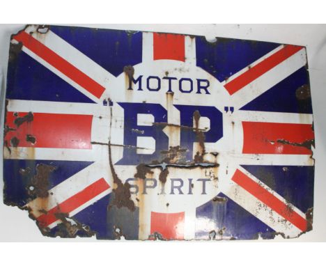 A large BP Motor Spirit Union Jack enamel sign, indistinct maker's name, 122 x 183.5cm. Condition report: Much rusting and lo