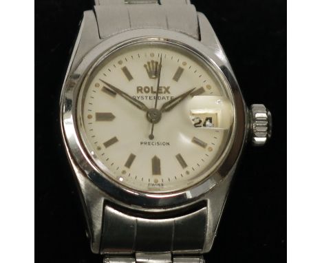 A Rolex Oysterdate Precision ladies stainless steel cased manual wristwatch with Rolex bracelet.