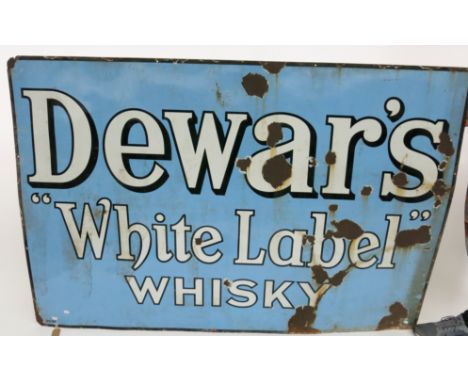 A large Dewar's white label Whisky enamel advertising sign, white letters on a pale blue ground, height 122cm, width 183cm.