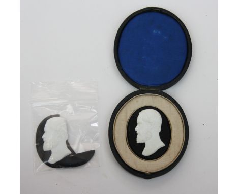 A cameo portrait in the manner of Tassie, the white paste portrait on black glass ground, the portrait shows John Francis Bas