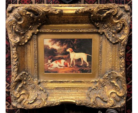 A print of three dogs in deep moulded frame, together with a machine tapestry picture of a market scene.
