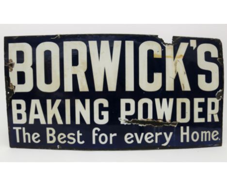 A Borwick's baking powder enamel advertising sign, white letters on a blue ground, by Willings, London, height 46cm, width 91