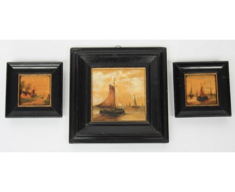 A pair of small oils on ceramic panel, indistinctly signed Hofman?, each depicting a Dutch scene, 7cm square, together with a