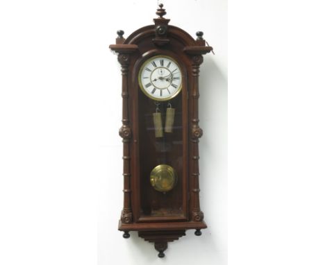 A Vienna regulator walnut cased wall clock, late 19th century, circular white enamel dial with twin weight driven movement, h