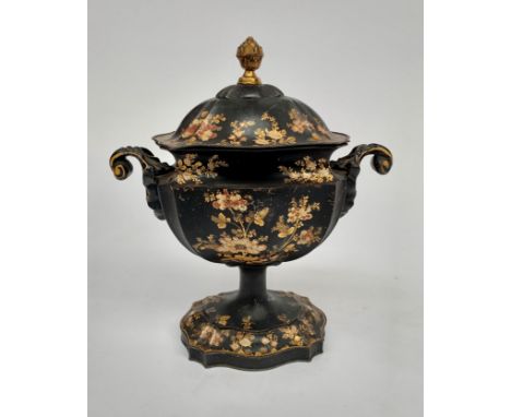 A Regency style toleware small urn and cover, with gilt metal finial with gilt and painted decoration of floral and foliate s