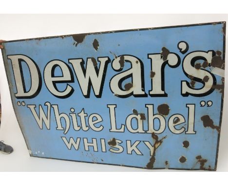 A Large Dewar's Whisky enamel advertising sign, white letters on a blue ground, height 122cm, width 183cm.