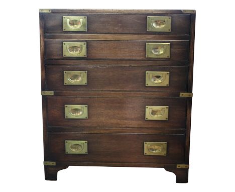 A mahogany military campaign style chest, 20th century, brass bound with a pair of carrying handles, with five long drawers o