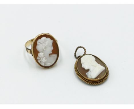 A Georgian style carved shell cameo portrait of a young man in gold pendant mount together with a gold mounted cameo ring.