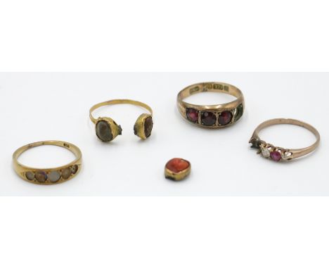 A Regency gold ring set with cameos and three other gold rings, each in some way is defective.