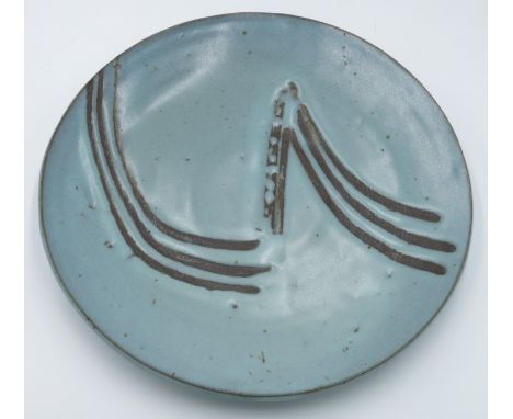 A Janet Leach studio pottery shallow dish, the turquoise slip with simple incised decoration, impressed seal marks, diameter 