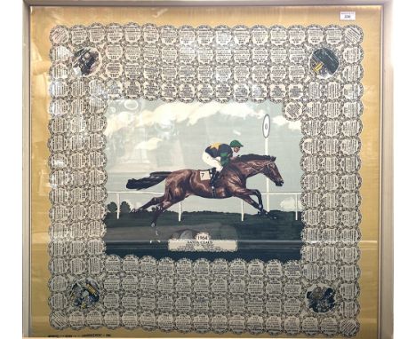 A printed and coloured silk scarf, with a portrait of the 1964 Derby winner 'Santa Claus', with earlier winners to the border