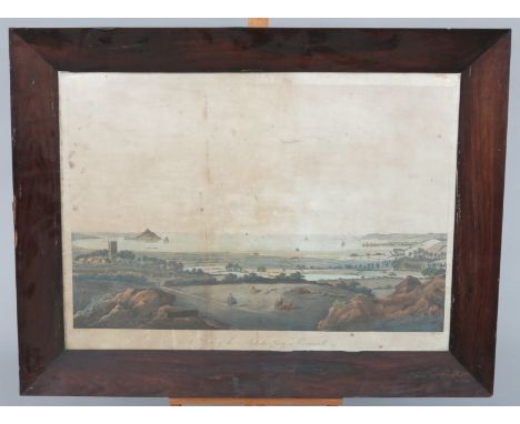 A coloured print by James Tonkin, 'A View of The Mounts Bay in Cornwall', in figured mahogany frame, 49cm X 69cm together wit