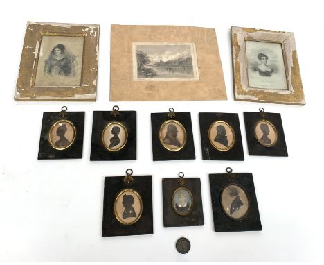 A group of seven portrait silhouettes, a portrait miniature, prints and a medallion.