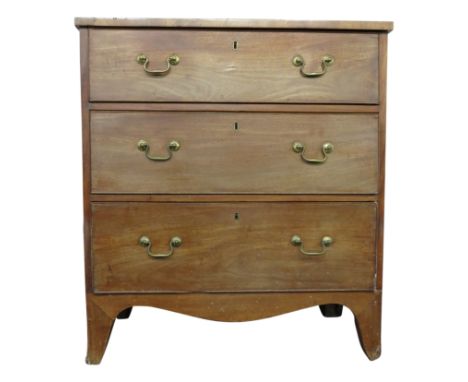 A mahogany chest of drawers, early 19th century, with three long drawers, with splayed bracket feet, height 86cm, width 77cm,