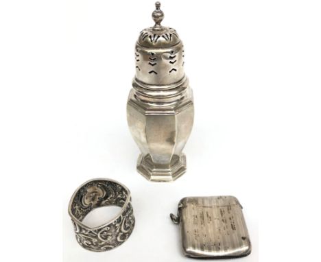 A pierced silver, urn form sugar dredger, height 16.5cm, together with a curved silver vesta case and a silver napkin ring, 6