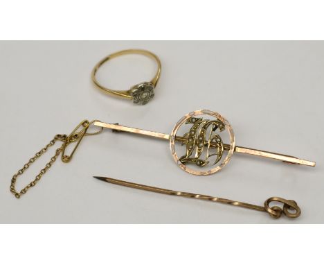 An 18ct gold flowerhead diamond cluster ring, a gold enamelled pearl set monogram bar brooch and a gilt pin.