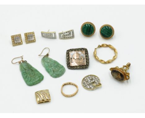 A pair of malachite gold mounted earrings, a pair of Chinese carved jade earrings, together with a pair of 14ct gold earrings