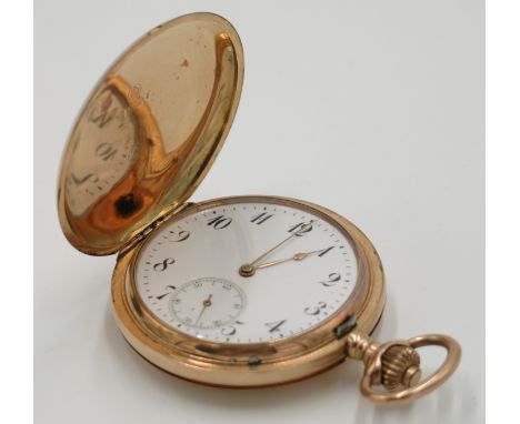 A 14ct gold full hunter cased keyless pocket watch with IWC case the movement numbered 337735 in red leather covered Benson w