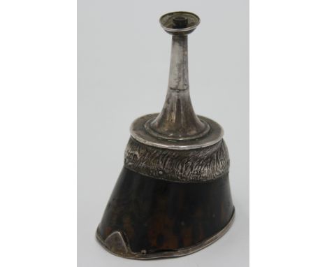 A rare Victorian hunt cigar lighter in the form of a silver and tortoiseshell hoof, the stem a silver hunting horn, by Grey &