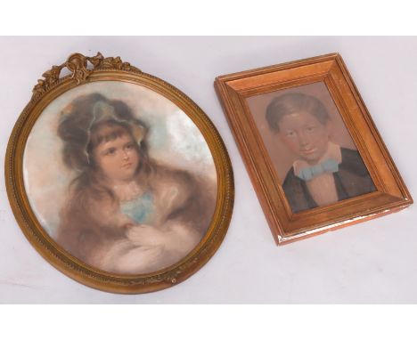 An oval pastel portrait of a young girl, late 19th century, 51cm X 43cm, in moulded gilt frame, together with a portrait of a