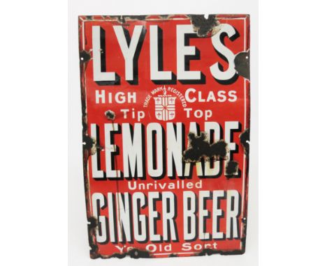 A Lyles lemonade enamel sign, white and black lettering on a red ground, 'Lyle's high class tip top lemonade unrivalled ginge