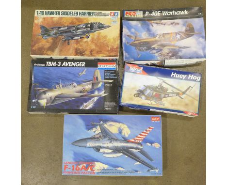 Five model aircraft kits, aircraft and helicopter; Huey Hog, General Dynamic F1/6A/C Fighting Falcon, Hawker Siddeley Harrier