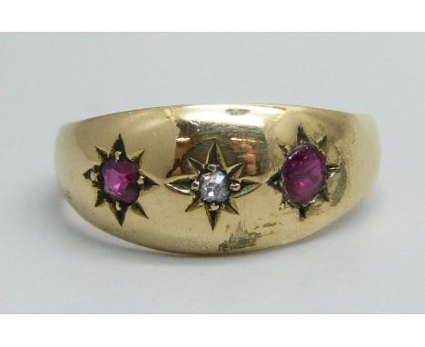 An antique 18ct gold, ruby and diamond ring, Chester 1910, 3g, Q, one ruby replaced 