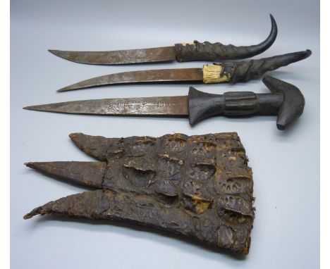A c1880's Sudanese triple dagger set in a crocodile skin scabbard 