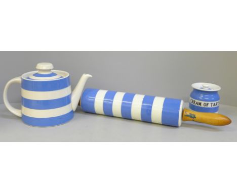 Three items of Cornish ware including T.G. Green rolling pin and Cream of Tartar pot 