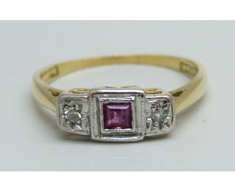 An Art Deco 18ct gold, platinum, diamond and ruby ring, 2.3g, L 