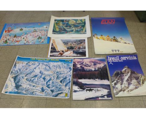 Seven large sports posters (A1) size); five winter sports and travel posters from the 1970s, a ski poster signed by Ingemar S