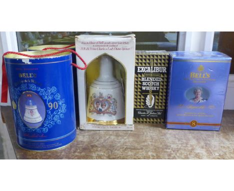 Four Bells Scotch Whisky Royal commemorative decanters with contents, including Charles and Diana and a bottle of Excalibur b