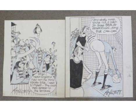 Football original cartoon artwork, Roy Ullyett (1914-2001), two original pen and ink and blue crayon football cartoons, 12" x