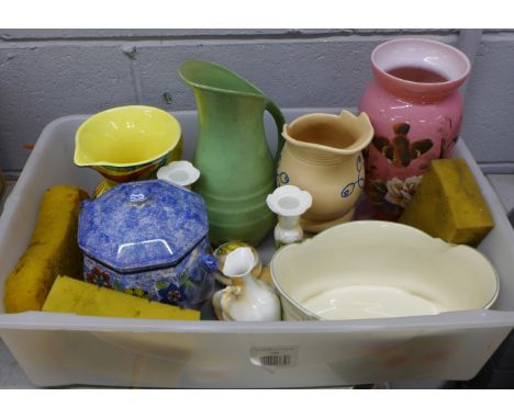 A box of mixed china, painted pink glass vase, a Royal Cauldon Art Deco jug, Burslem ware jug, Rubian Art Pottery biscuit bar