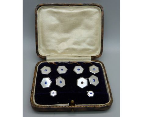 A mother of pearl and silver button, stud and cufflink set with original case 