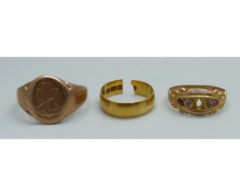 A 22ct gold ring, a/f, 3.1g, a 9ct gold signet ring, a/f, 4.9g, and one other 9ct gold ring lacking stone, 1.5g 