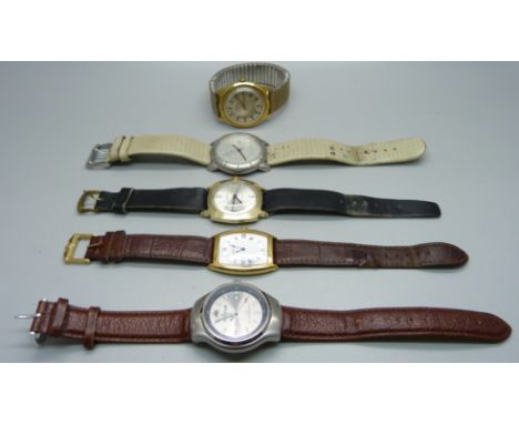Five wristwatches, Rotary, Troika, Lotus, Timex automatic and Ruhla 