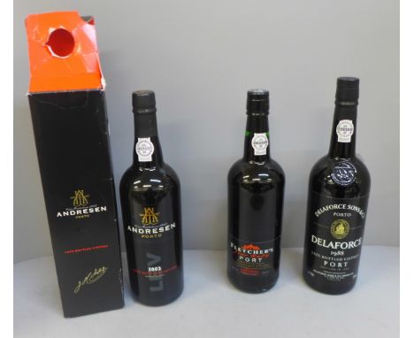 Three bottles of port; Andresen late bottled vintage; Delaforce 1988 and Fletcher's fine ruby **PLEASE NOTE THIS LOT IS NOT E