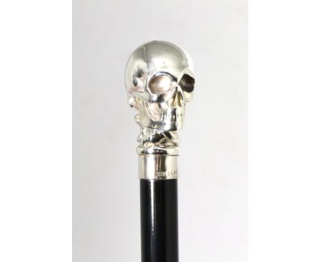 A Modern Novelty Silver Topped Skull Walking Stick, WW, Birmingham 1998, with ebonised shaft, 92cm long