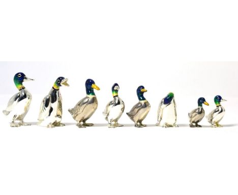 A Group of Eight English and Continental Silver and Enamel Models of Ducks, five English examples, mark of JAH, London 2010/1