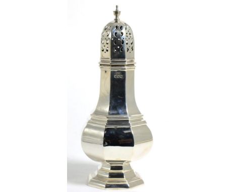 A Large Octagonal Silver Caster, Walker & Hall, Sheffield 1919, baluster form with domed pierced pull off cover, 21cm high, 7