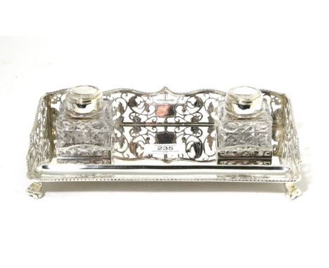 A Modern Silver Inkstand, Barker Ellis Silver Co, Birmingham 1996, rectangular with pierced gallery and two cut glass bottles