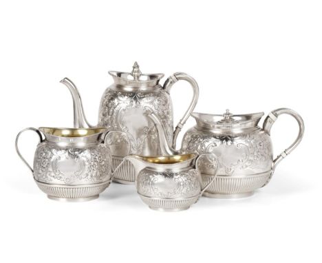 A Late Victorian Silver Four Piece Tea and Coffee Service, Elkington & Co, Birmingham 1895, circular, with bead rim, reeded h