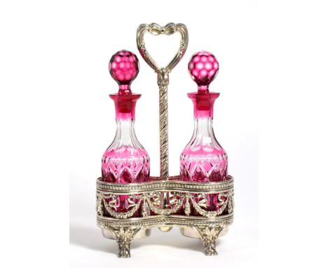 A Modern Silver Oil and Vinegar Cruet Stand, WW, London 2003, of 19th Century style with ribbon tied swag decoration on pierc