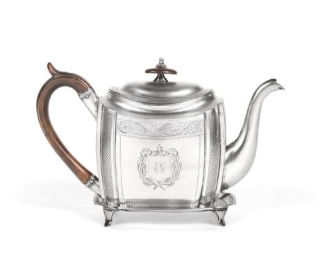 A George III Silver Teapot and Stand, George Burrows, London 1791, rectangular with shaped corners and engraved borders, 15.5